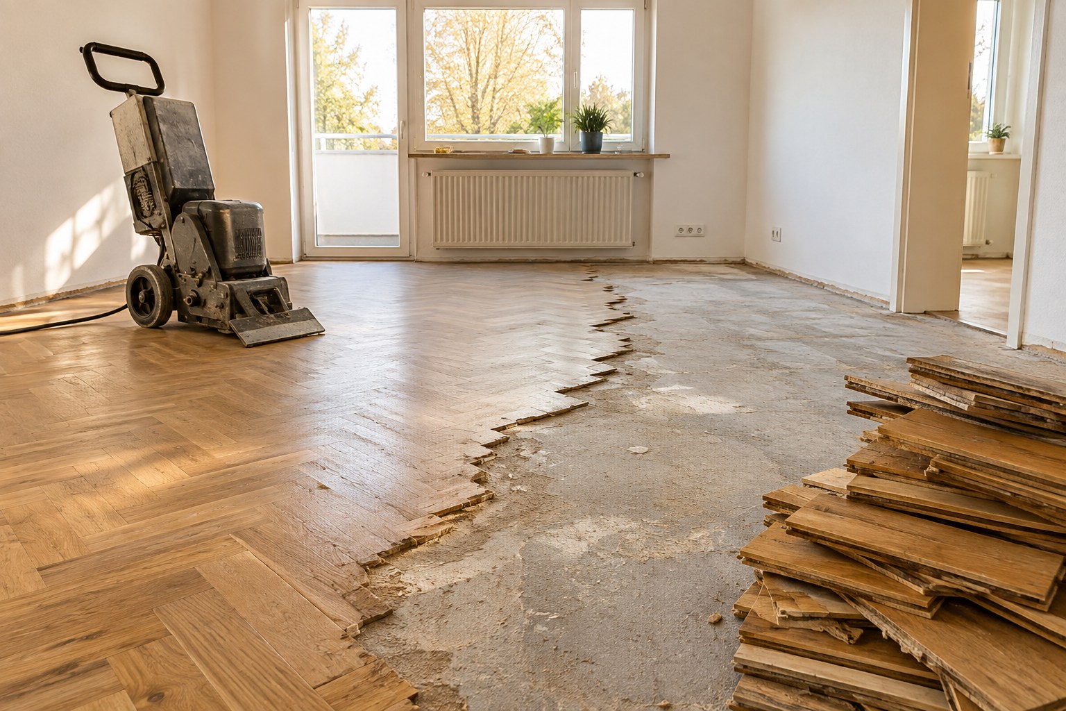 Teilweise entfernter Altbelag in einem Raum während der Renovierung
