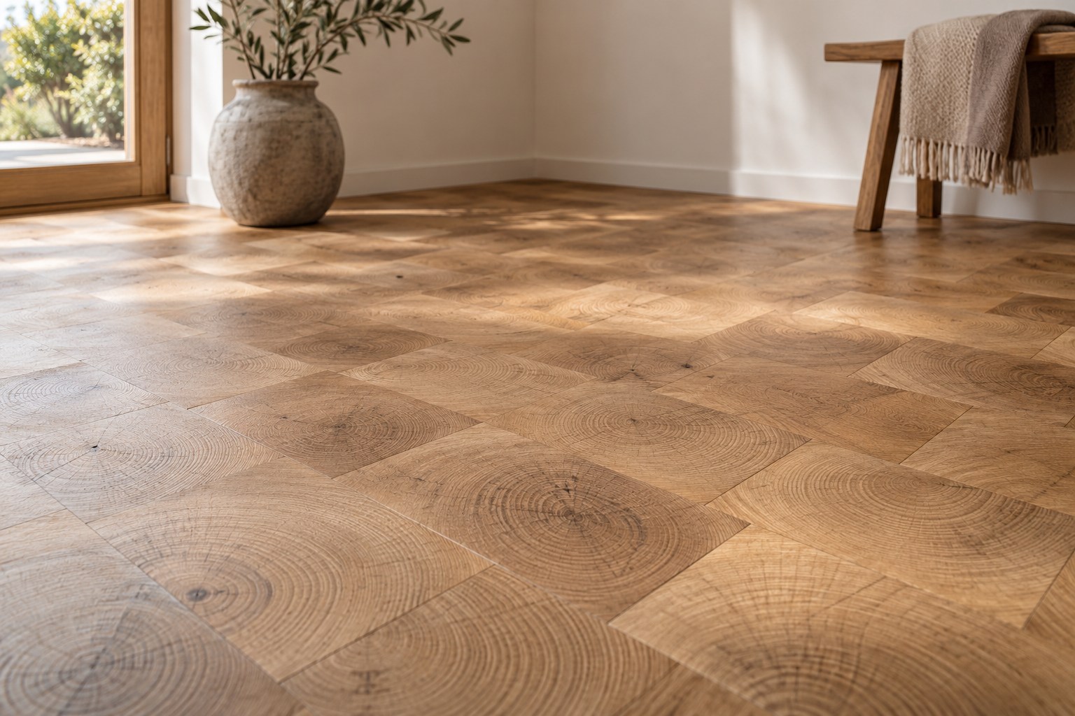 Hirnholzboden aus rechteckigen Holzpflasterklötzen mit sichtbaren Jahresringen