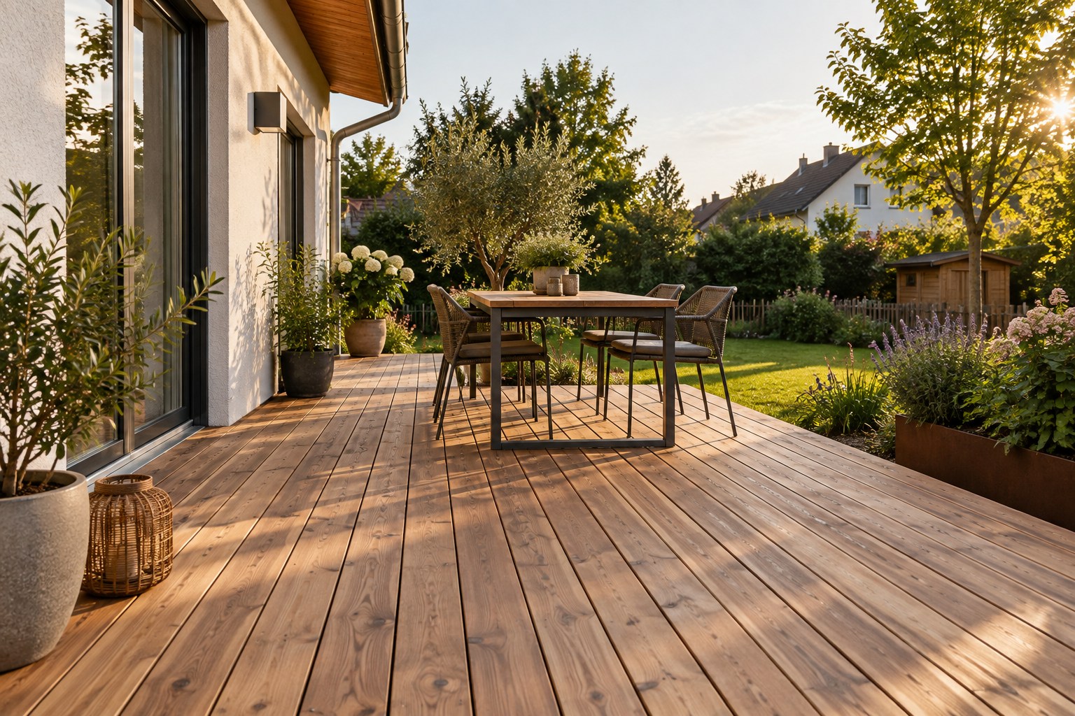 Holzterrasse mit Sitzplatz im Grünen