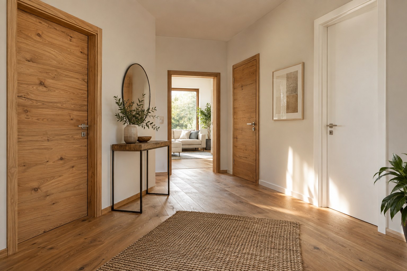 Flur mit natürlichen Holz-Innentüren