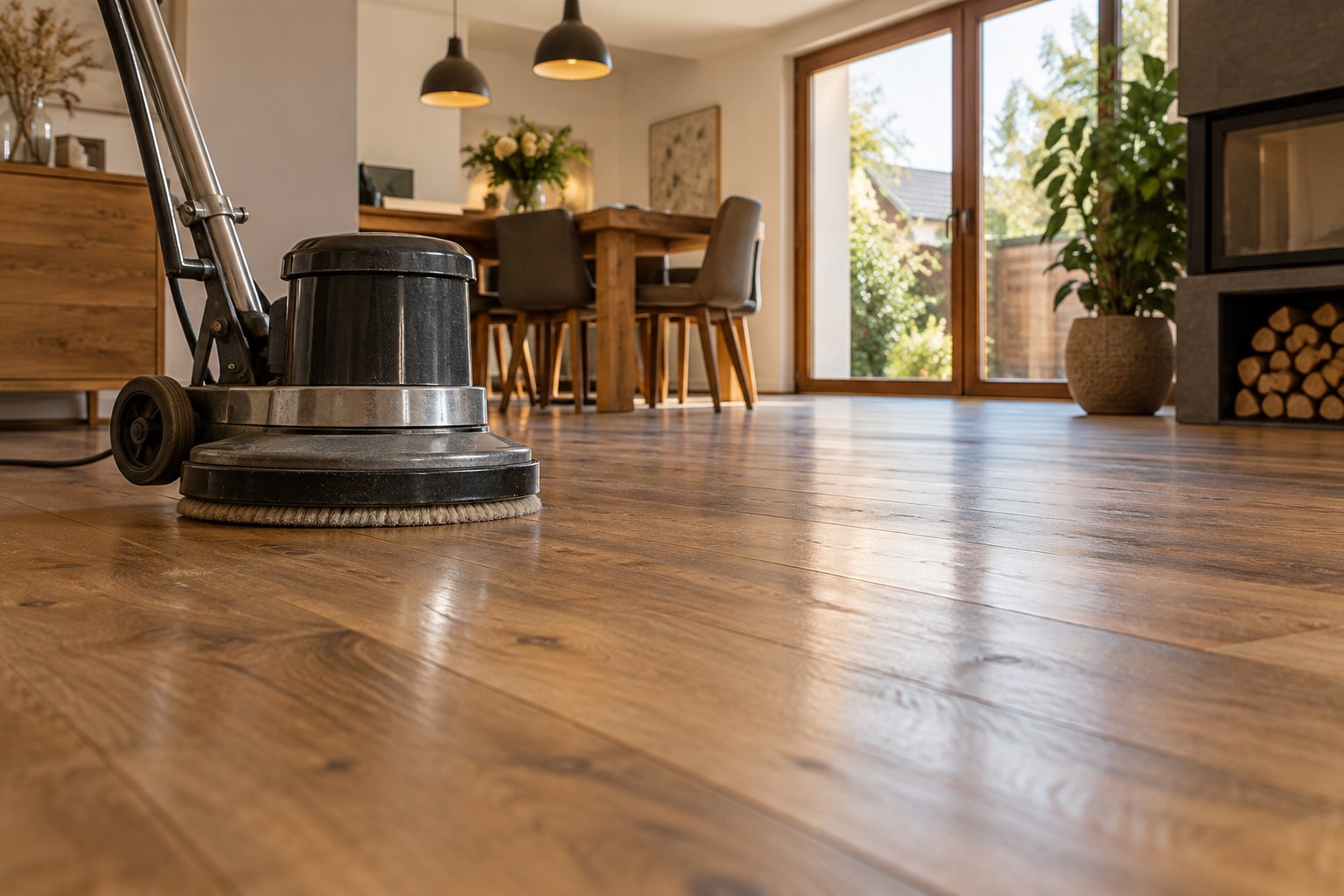 Professionelle Bodenpflegemaschine auf einem Holzfußboden