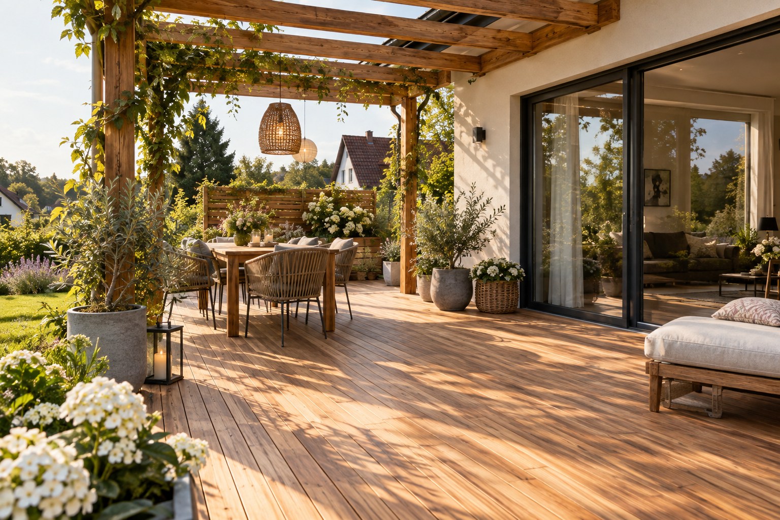 Holzterrasse mit Pergola und bepflanztem Garten